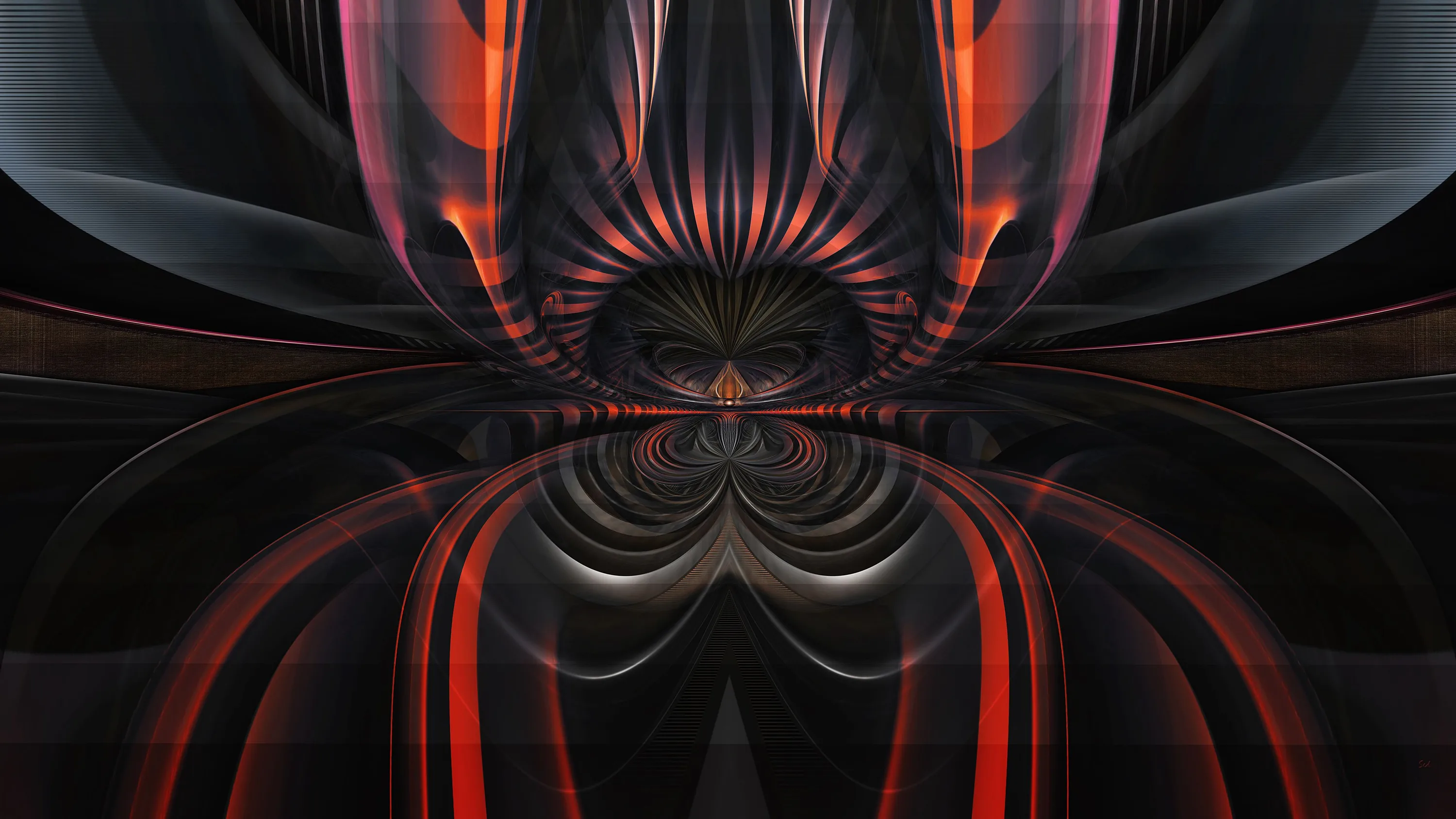 Mirrored fractal fronds open outward from a single point, deep red through the upper petals and dropping to near-black along the bottom edge.