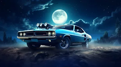 A blue coupe with a supercharger through the bonnet sits on dirt, chrome bumpers and headlights lit as cloud drifts across the moon behind.