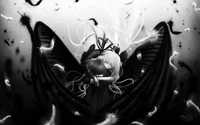 She drops head first with black wings spread wide, feathers breaking off across a smoky grey field with no horizon.