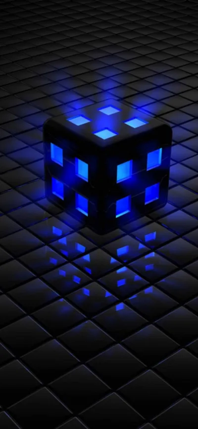 A black cube studded with blue squares hovers above a dark tiled grid, throwing its glow onto the tiles directly beneath it.