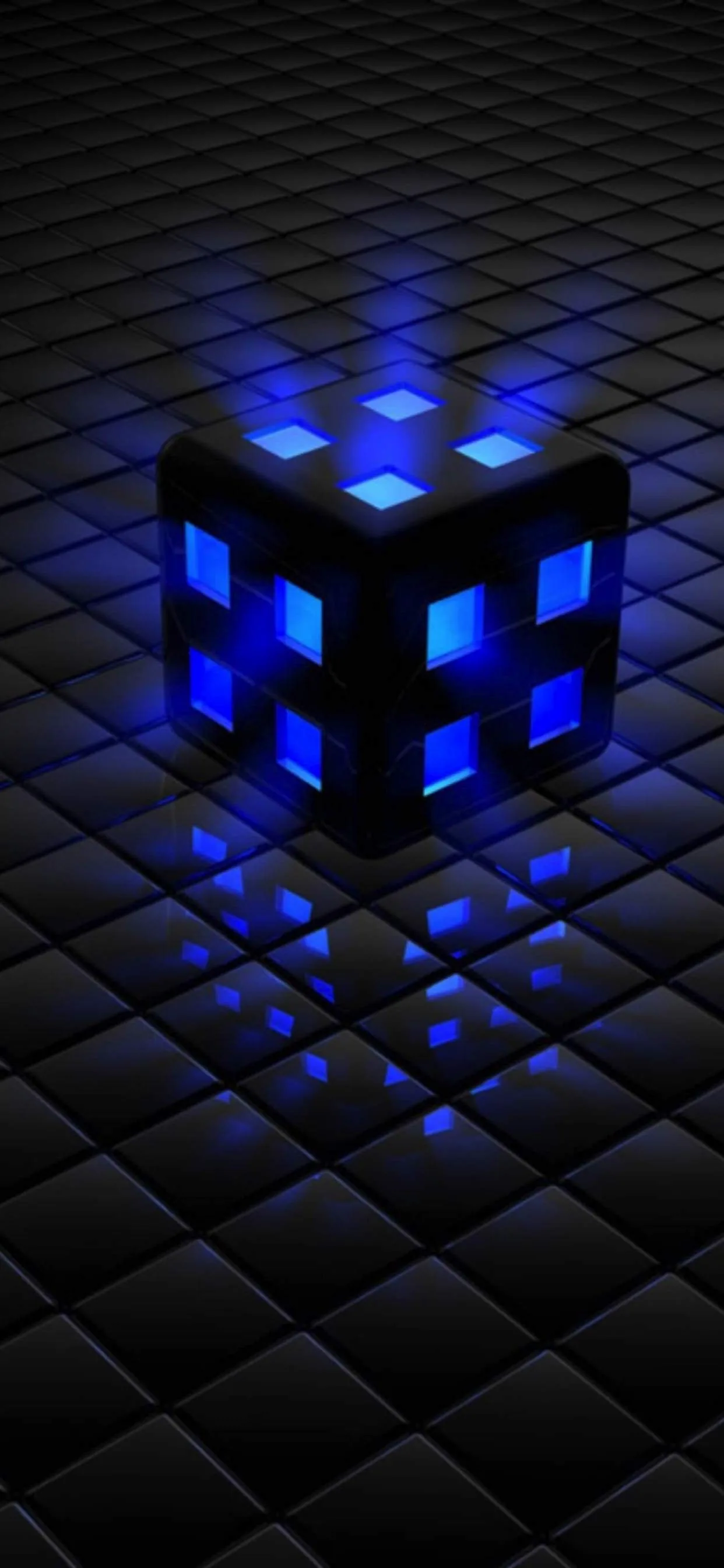 A black cube studded with blue squares hovers above a dark tiled grid, throwing its glow onto the tiles directly beneath it.