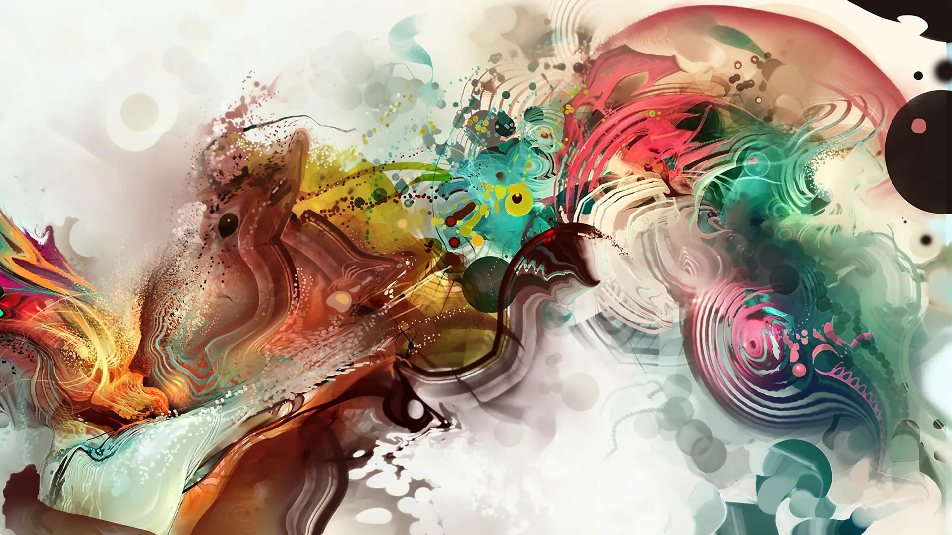 Watercolour swirls of teal, crimson, and gold tangle across a white canvas, most of the colour piling up along the top while the bottom edge stays pale.