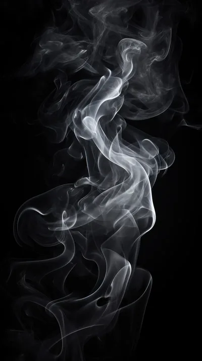 A single column of pale smoke twists upward through a black frame, thinning as it climbs.