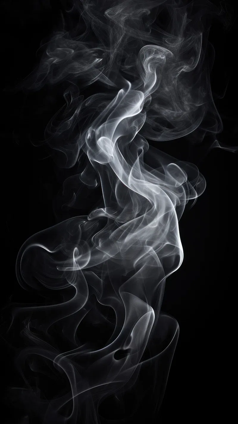 A single column of pale smoke twists upward through a black frame, thinning as it climbs.