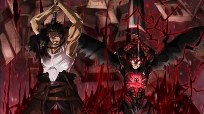 Yami hoists his katana two-handed on the left while demon Asta glows red on the right, crystal shards raining through a dark battlefield that stays dim along the bottom edge.