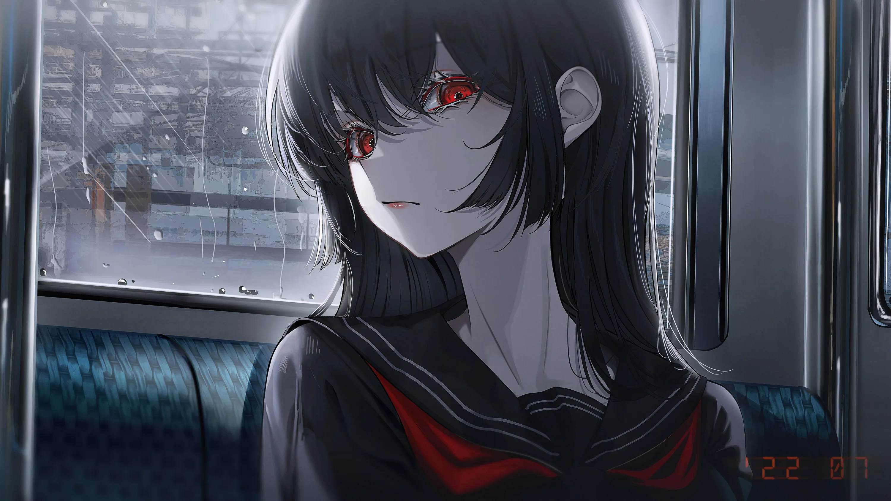 She sits alone in a dim train carriage in a sailor uniform with a red scarf, rain streaking the window behind her and red eyes catching the overhead light.