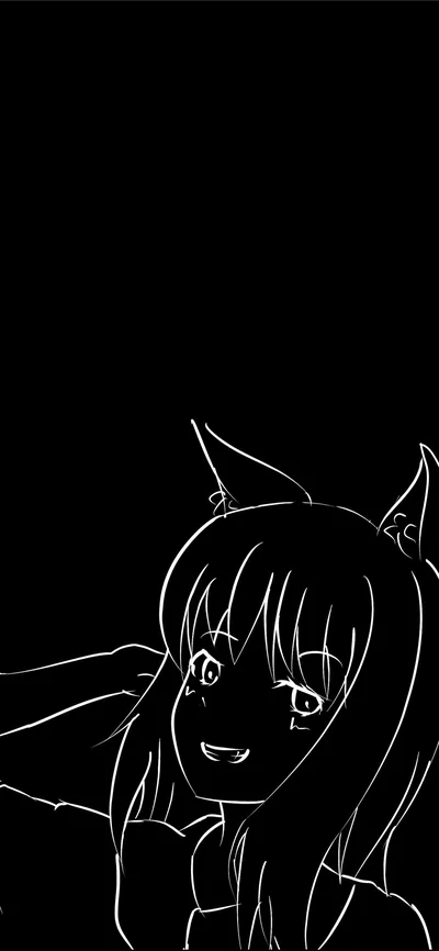 A grinning wolf-eared girl sketched in white line art across the bottom third, the upper two thirds pure black so the clock and icons sit on true #000000.