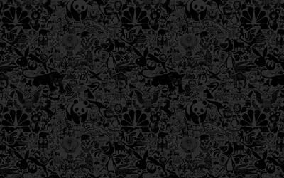 A tightly packed repeat of hand-drawn skulls, animals and monsters, barely a shade above the black background.
