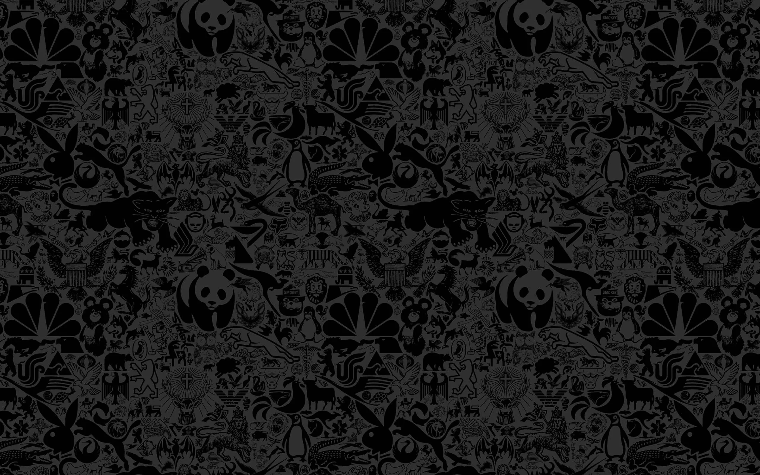 A tightly packed repeat of hand-drawn skulls, animals and monsters, barely a shade above the black background.