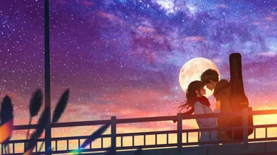 Two figures lean together on a railed walkway as a huge moon rises behind them, the sky washing from starfield blue down to orange at the horizon.