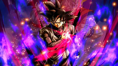 Black-haired Goku Black drives a glowing fist forward as a ribbon of red energy coils around his chest, purple flames and multicoloured sparks packing every corner.