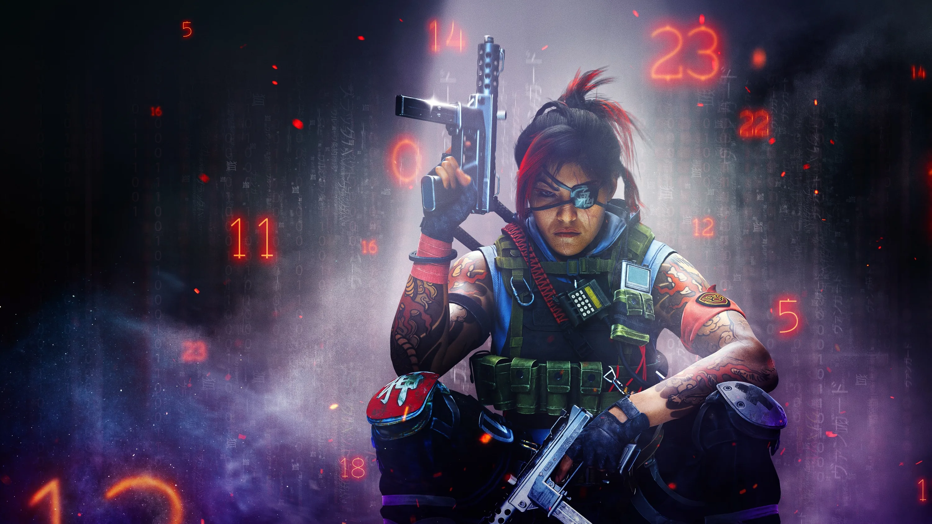 An operator holds a pistol and rifle in thick violet fog, red numbers floating behind like a countdown on a wall.