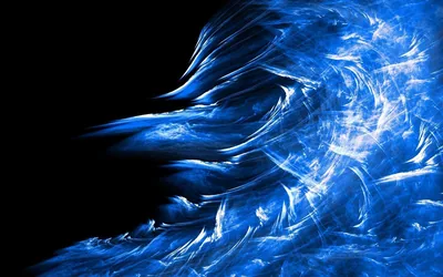 A crest of cobalt fractal strands breaks from right to left, its spray of fine white lines thinning out over the black left edge.