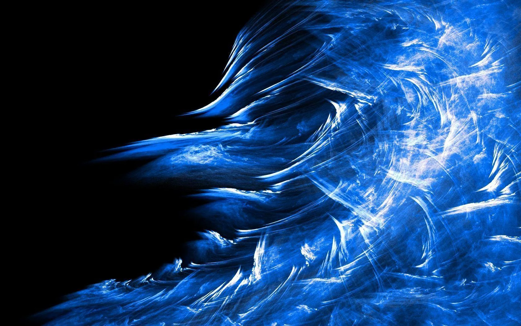 A crest of cobalt fractal strands breaks from right to left, its spray of fine white lines thinning out over the black left edge.