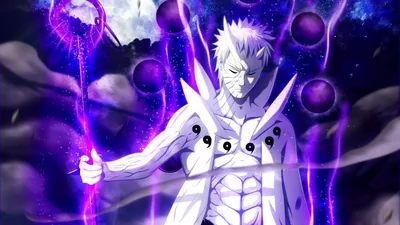Obito's white jinchuriki form crackles with purple lightning, black truth-seeking orbs circling him against a starry night sky in glowing violet game art.
