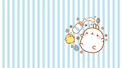 Molang tips a milk bottle beside a small chick on blue pinstripes, sitting right of centre so the striped left half stays free for icons.