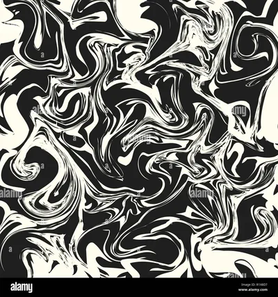 Ink pulled through white swirls into tight curls and ribbons, high-contrast monochrome with no grey between the two tones.