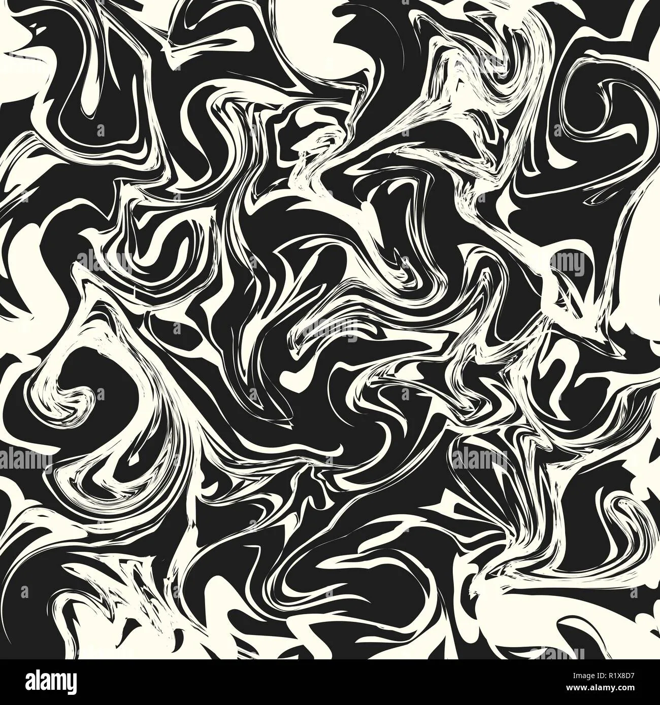 Ink pulled through white swirls into tight curls and ribbons, high-contrast monochrome with no grey between the two tones.