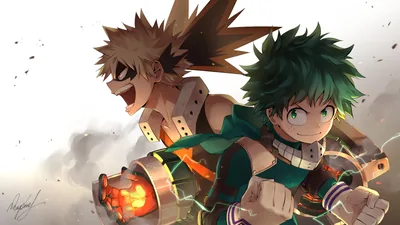 Deku raises his fists in the foreground while Bakugo sparks an explosion behind him, both set against a plain pale backdrop that keeps icons readable.
