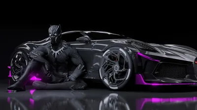 The Wakandan hero crouches at the front wheel of a long black hypercar, purple neon tracing the wheels and body seams and reflecting off the wet floor.