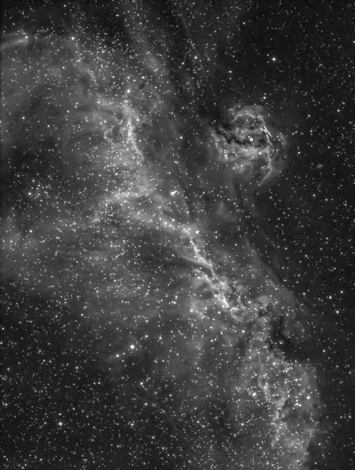 Thin threads of gas curl through a dense field of white stars, shot in monochrome so the structure reads as texture rather than colour.