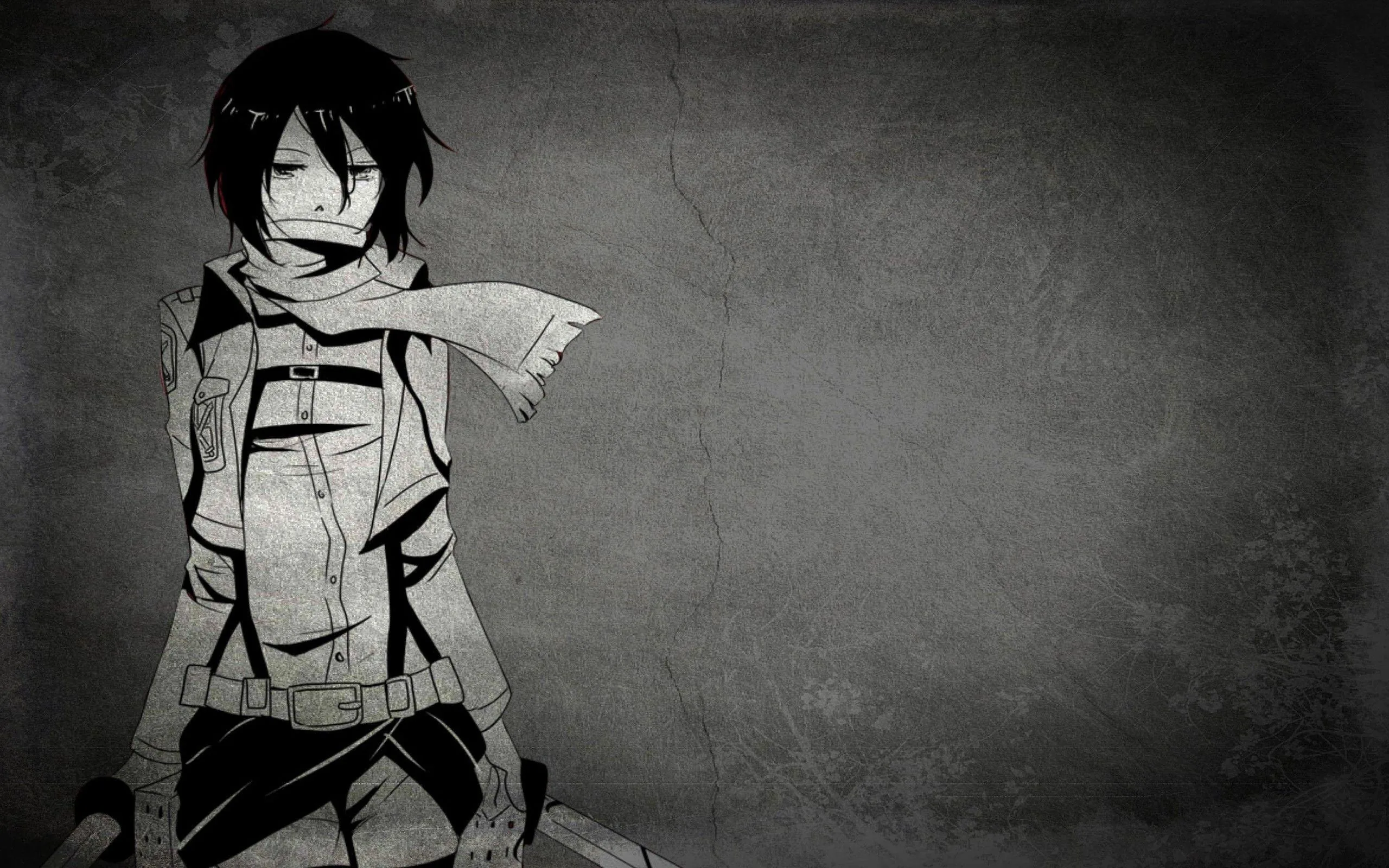 Desaturated character study against a scratched concrete wall, the long scarf trailing to the right across empty space.