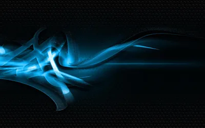 Ribbons of blue smoke curl across a dark hexagonal mesh, a single sharp light line cutting through the middle.