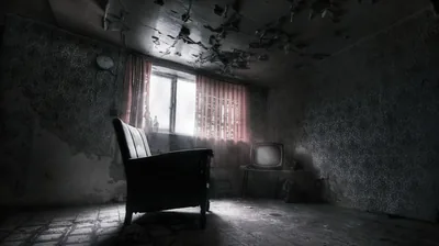 An abandoned room with a worn armchair facing a bright net-curtained window, peeling wallpaper and ceiling debris giving it a horror-film feel.