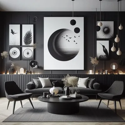 Symmetrical black living room hung with monochrome prints around a large crescent-moon artwork, the centre of the wall carrying all the detail.