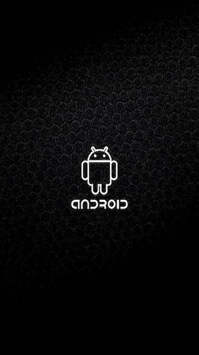 The Android robot and wordmark sit centred in white on a black hexagonal carbon weave that fades out at the edges.