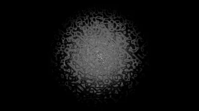 A disc of tangled grey lines sits at the centre of an empty black field, its outer edge softening into the dark like a distant nebula.