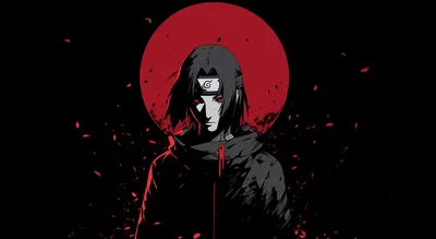 A figure in a red-cloud cloak stands centred against a flat crimson disc, torn petals scattering across the black corners.