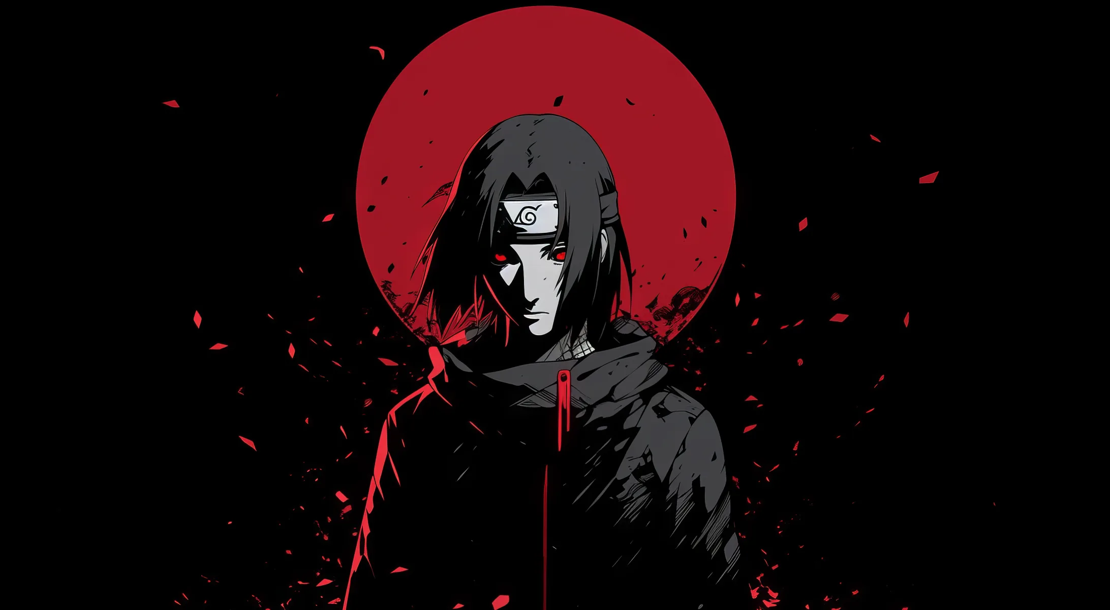 A figure in a red-cloud cloak stands centred against a flat crimson disc, torn petals scattering across the black corners.