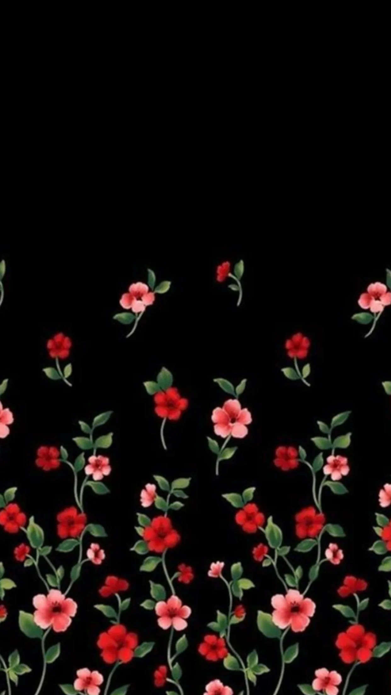 Slender vines of red and pink blossoms climb from the bottom edge of a tall black panel, thinning out halfway up so the top stays clear.