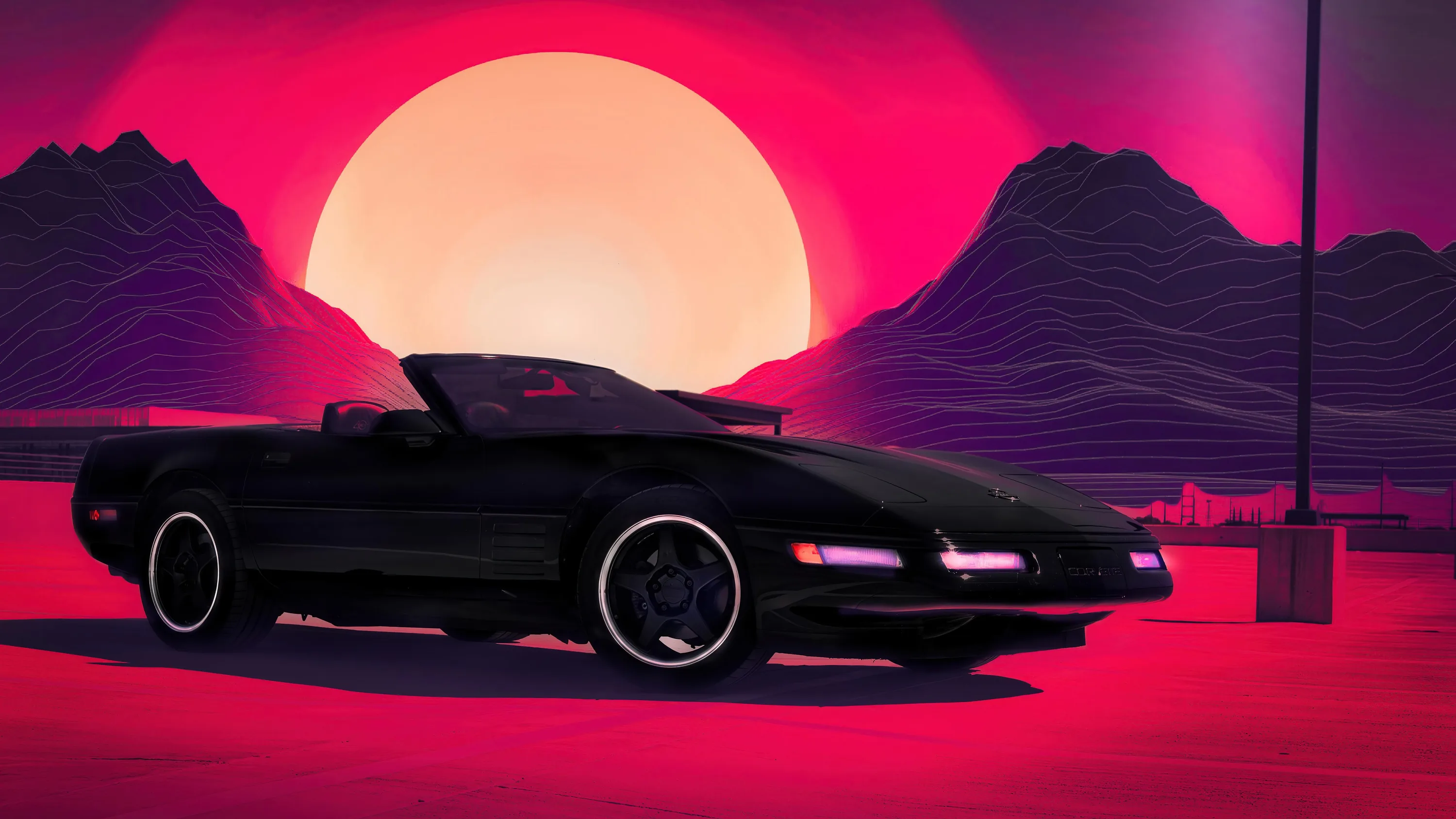 An eighties black convertible parked in profile as a huge pink sun drops behind purple mountains, retro grid haze filling the desert floor.