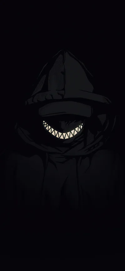 Almost the whole frame is black except a faint hood outline and a row of gold teeth on the mask, made for AMOLED screens.