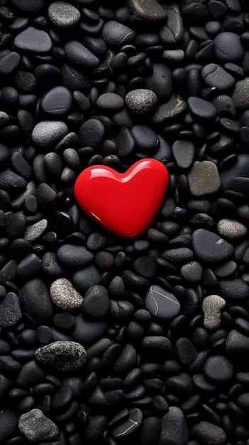 A single glossy red heart rests among wet black stones, the surrounding pebbles matte so the colour reads instantly.