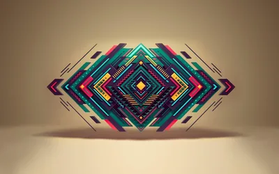 A concentric diamond of teal, magenta, and yellow circuitry floats over a plain tan backdrop, leaving wide empty margins on both sides for icons.