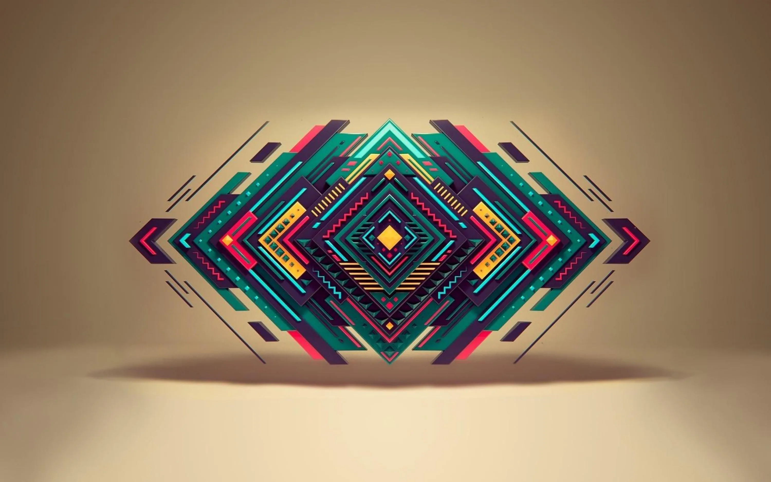 A concentric diamond of teal, magenta, and yellow circuitry floats over a plain tan backdrop, leaving wide empty margins on both sides for icons.