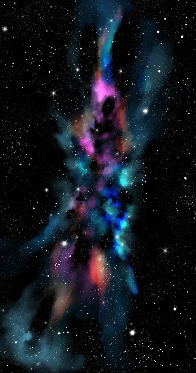 Pink, teal and violet gas erupts in a tall column up the centre of the frame, the black around it left almost untouched.