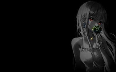Almost the whole frame is black; she stands at the right holding a single rose to her lips, red eyes and one green leaf the only colour to survive the monochrome.