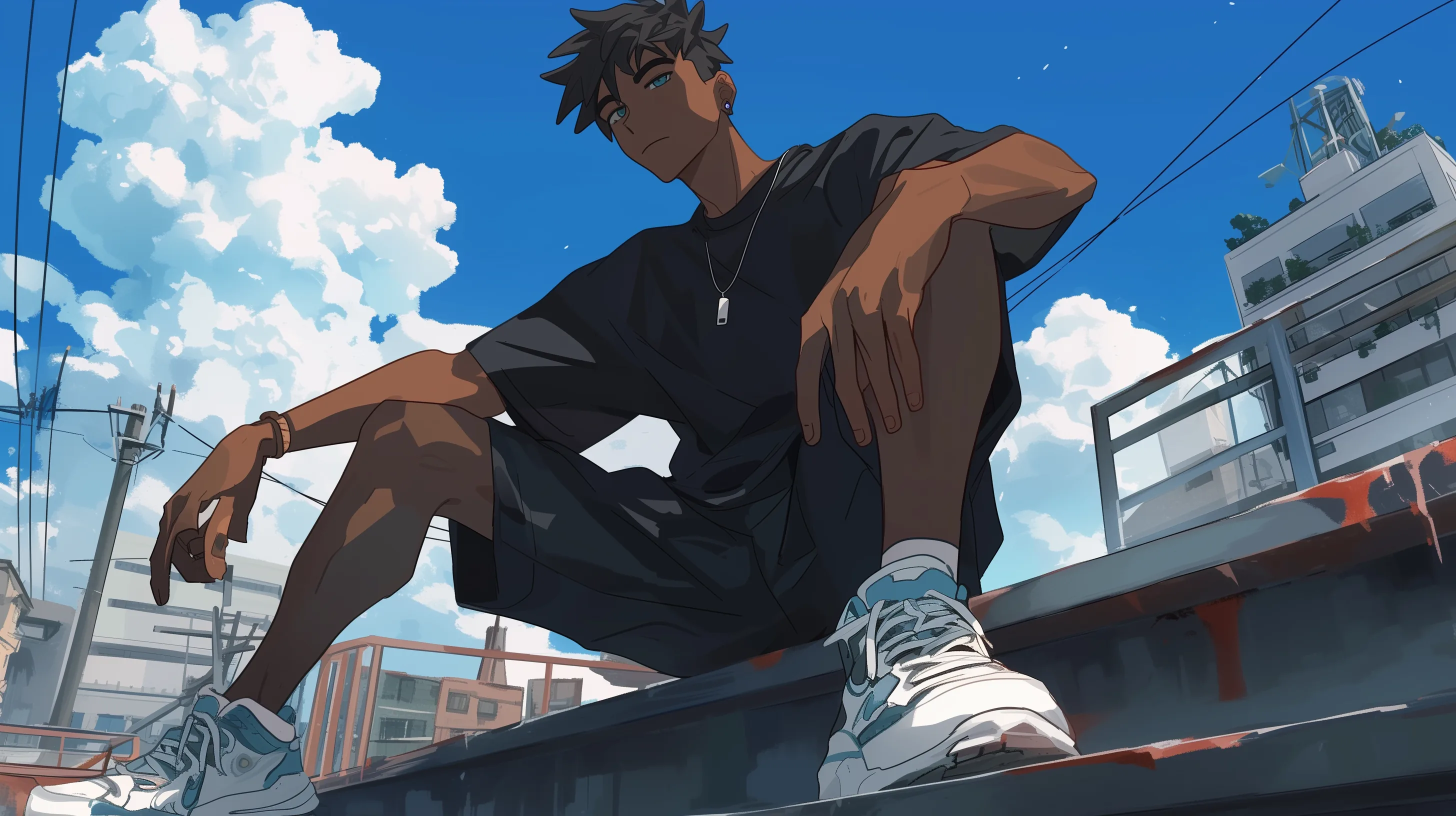 Shot from below, he leans back on a concrete ledge in a black tee and white sneakers, power lines and tall cumulus filling the blue sky.