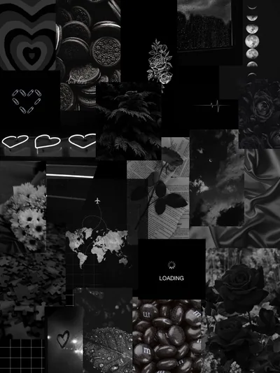 Dark roses, chocolate hearts, satin folds and small doodled outlines tiled together, with a loading bar card sitting near the centre.
