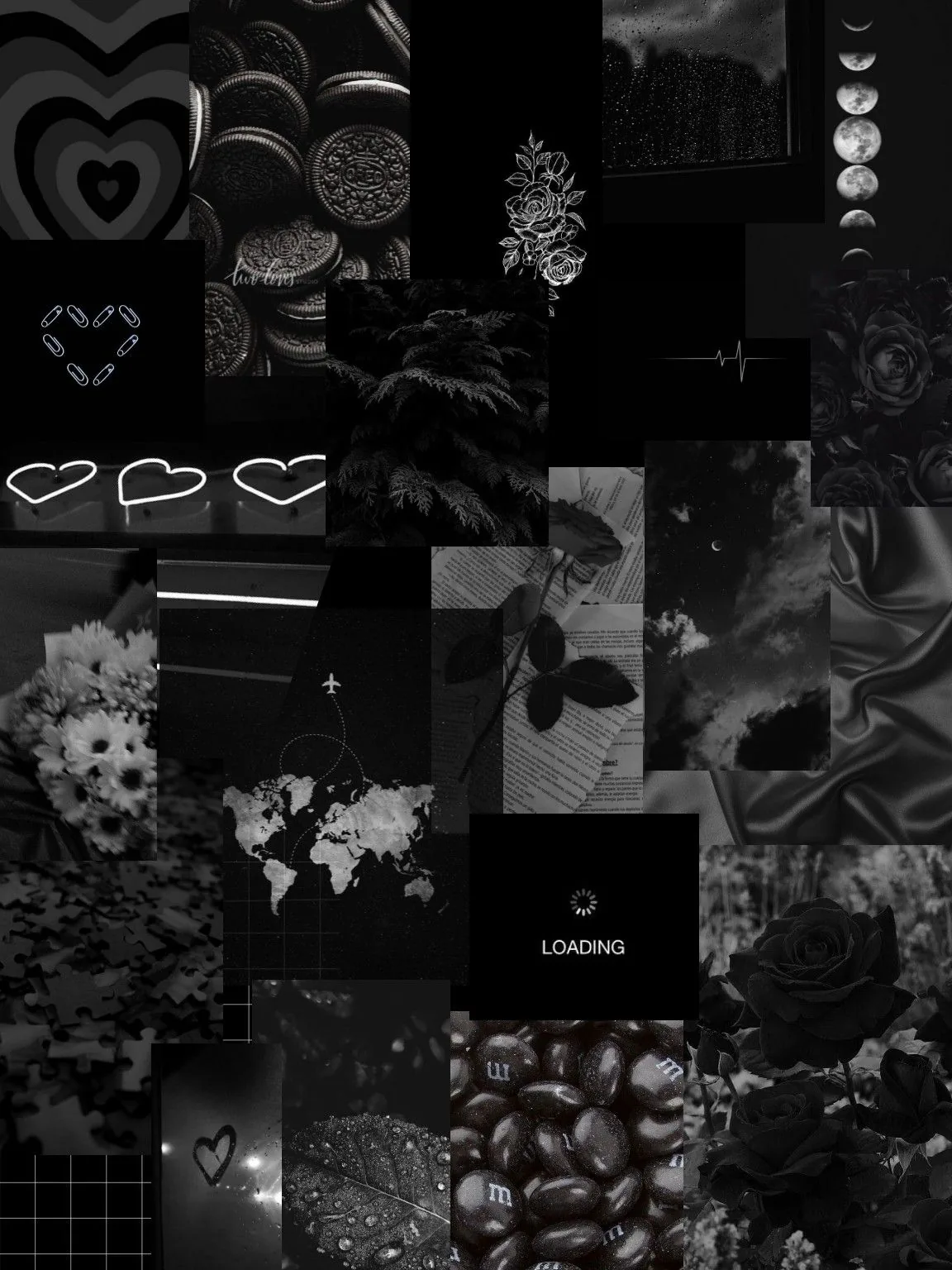 Dark roses, chocolate hearts, satin folds and small doodled outlines tiled together, with a loading bar card sitting near the centre.
