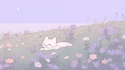A white cat curls asleep left of centre in a meadow of mauve blooms, and the plain violet sky strip along the top fits a menu bar.