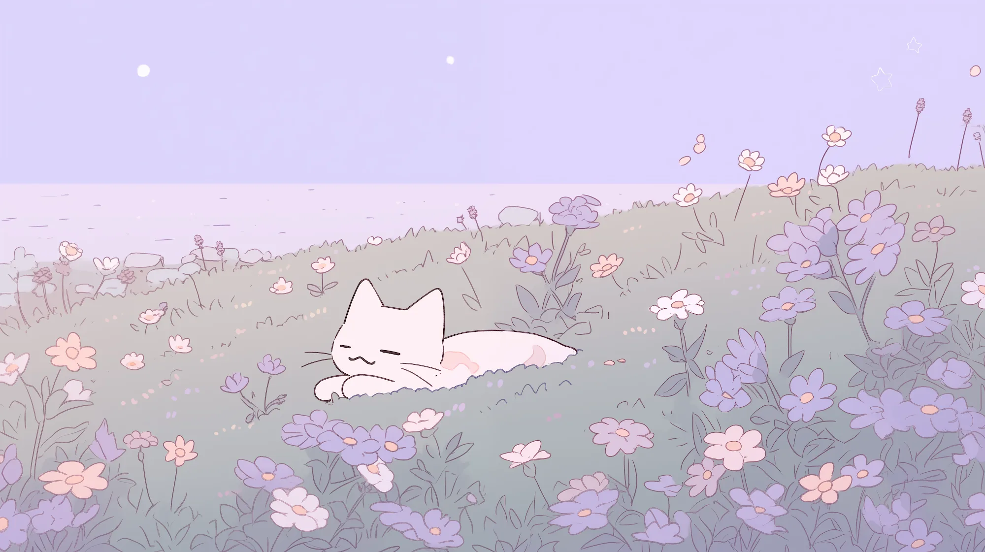 A white cat curls asleep left of centre in a meadow of mauve blooms, and the plain violet sky strip along the top fits a menu bar.