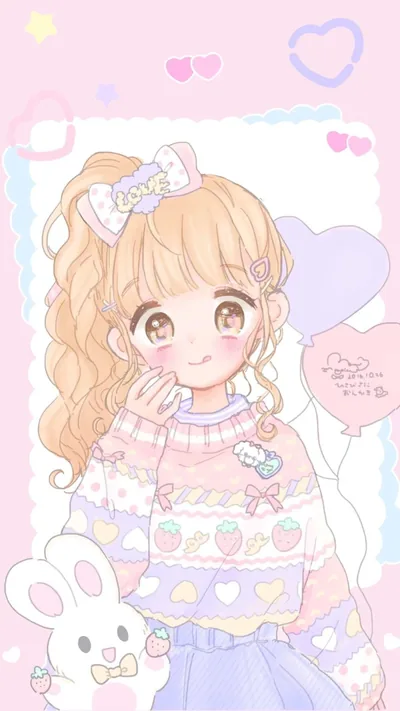 Framed by a hand drawn heart border, a girl with a high blonde ponytail hugs her cheek beside heart balloons, a white rabbit peeking in bottom left.