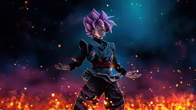 Warm ember light rises around a purple-haired fighter standing loose-armed under a starry blue night, the glow strongest along the bottom edge.