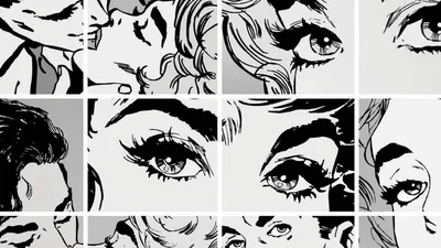 A grid of inked comic panels crops in on women's eyes and lashes, drawn in stark black line work on off-white paper.