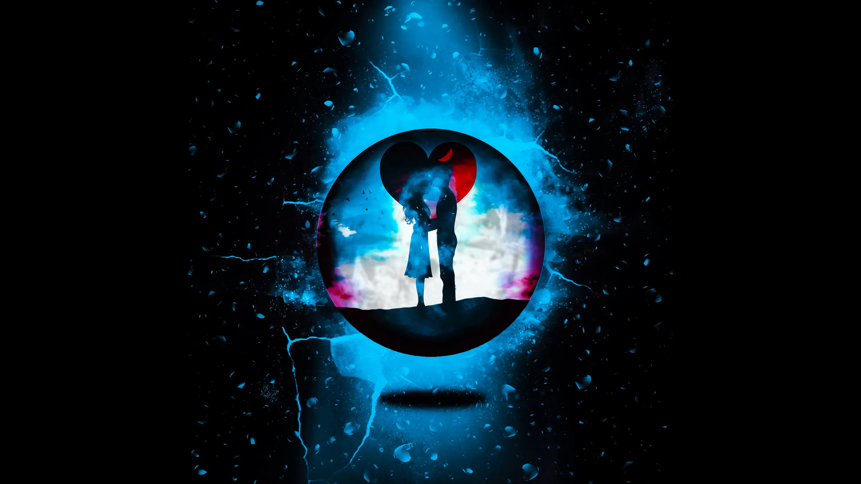 A silhouetted pair kiss inside a blue orb suspended in dark space, cracks of light spreading out from it across the frame.